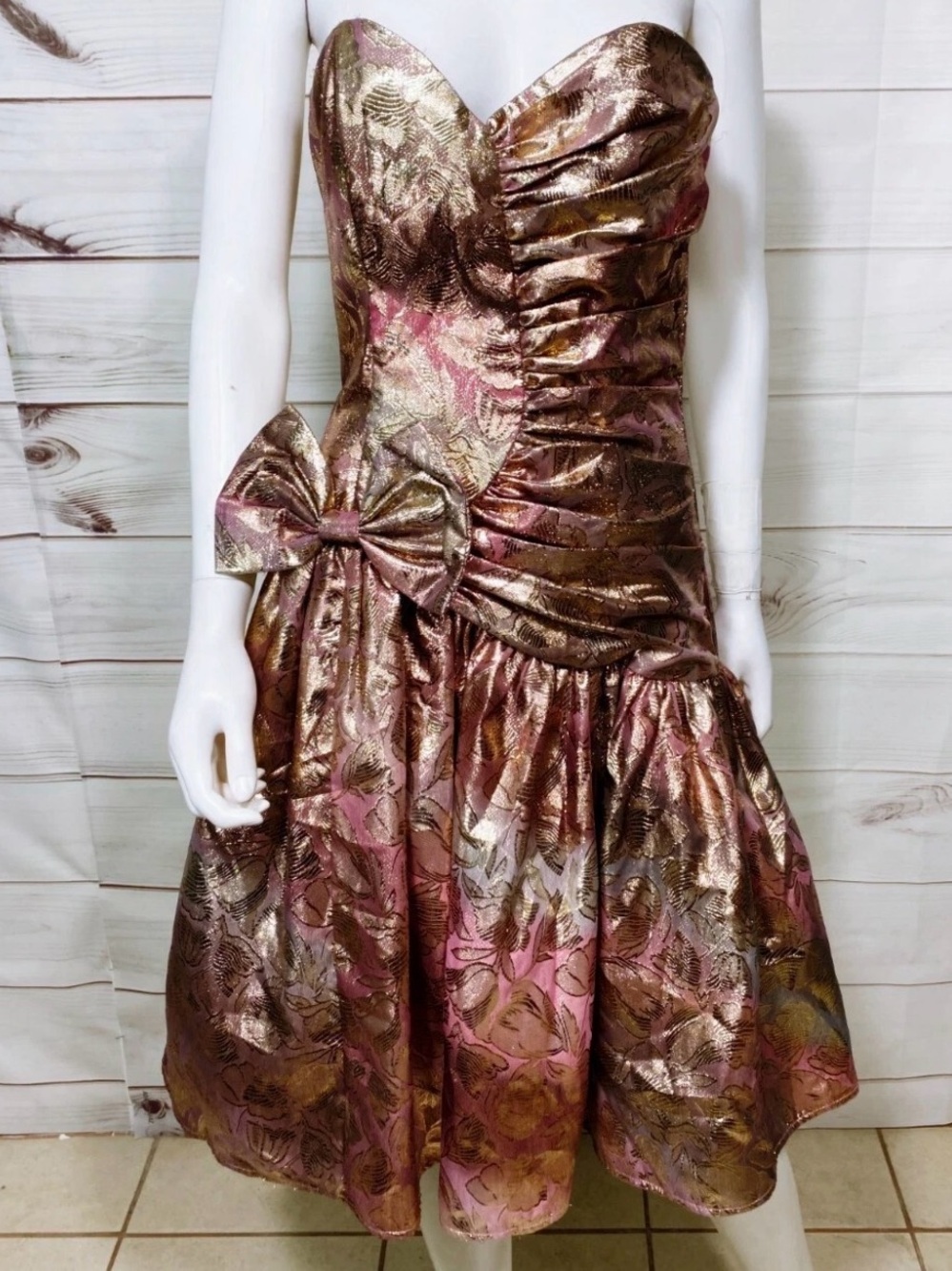 Vintage Gunne Sax Dress Junior 13 Pink Metallic Jacquard Strapless 80s Glam Prom